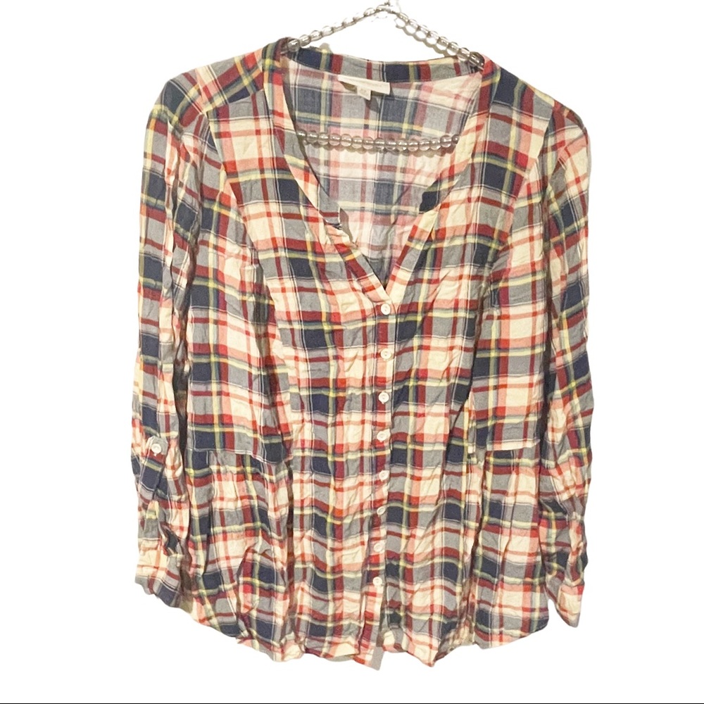 ModCloth Plus Size 2X Womens Tunic Red Blue Plaid Button Front Long Sleeve‎ Top